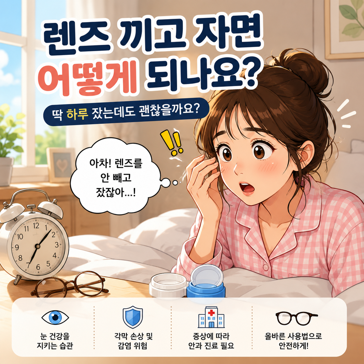 렌즈를 끼고 잠든 뒤 놀라는 여성과 렌즈 착용 시 주의사항을 설명하는 일러스트