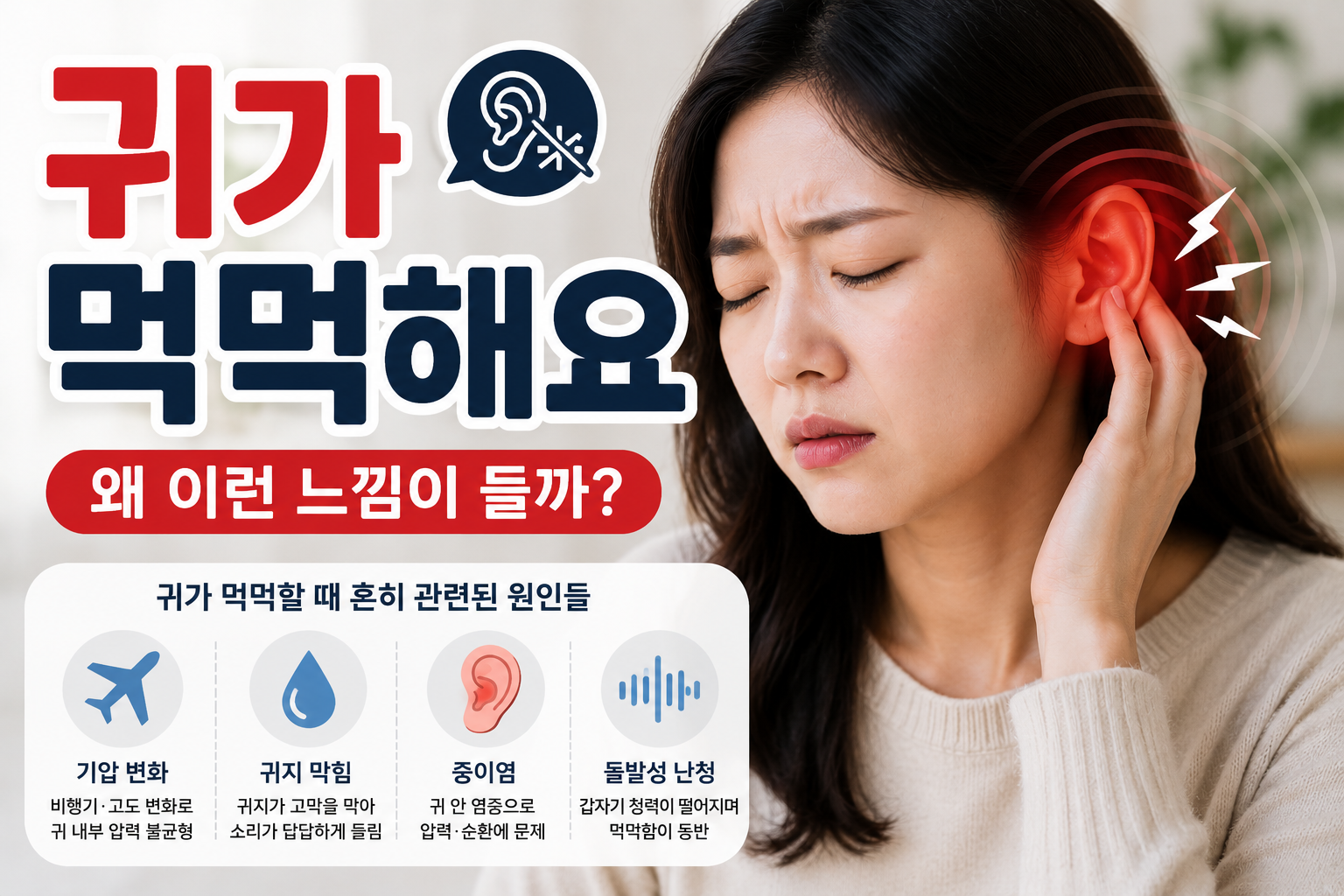 귀가 먹먹한 증상으로 귀를 만지며 답답함을 느끼는 여성