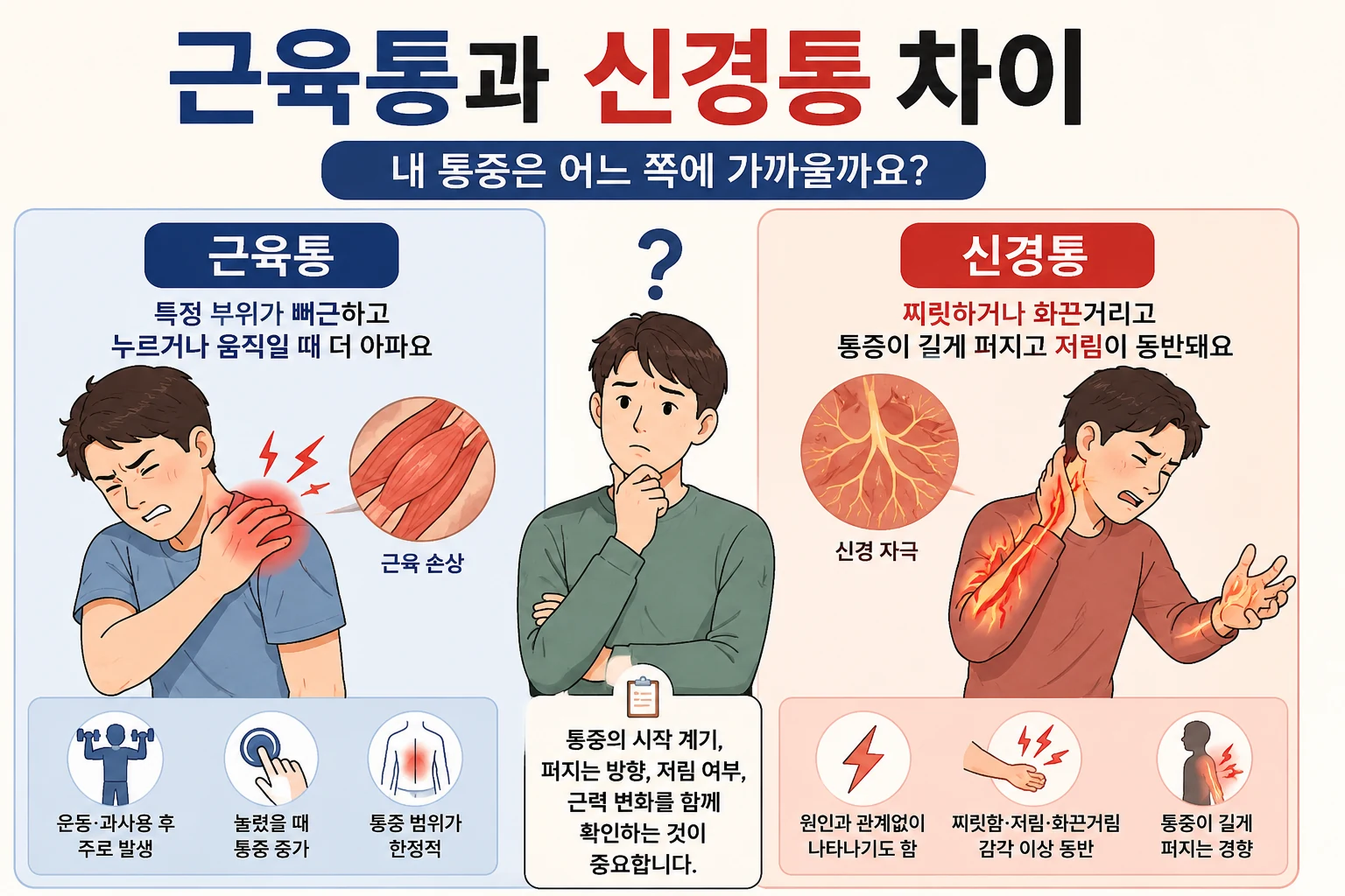 근육통의 뻐근한 통증과 신경통의 찌릿하고 퍼지는 통증을 비교한 이미지