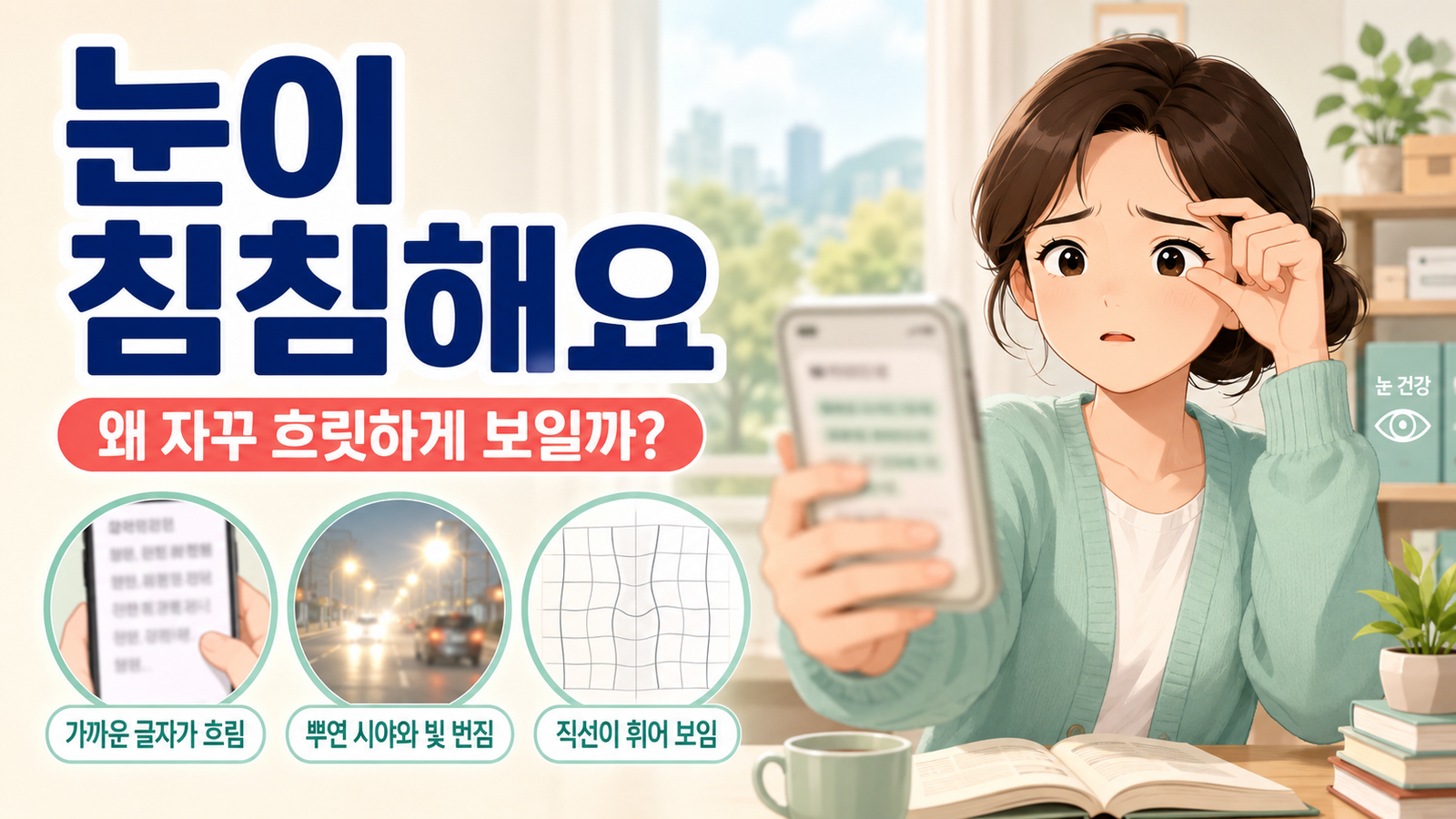 눈이 침침해 스마트폰 글자를 멀리서 확인하는 여성과 가까운 글자 흐림, 빛 번짐, 직선 왜곡을 보여주는 이미지