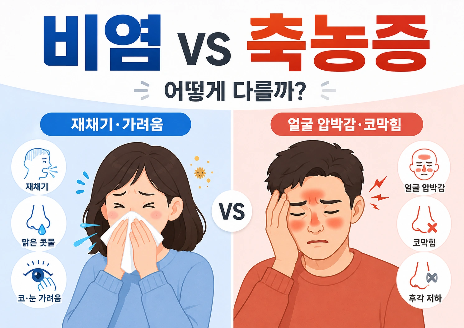 재채기·맑은 콧물·코와 눈 가려움이 나타나는 비염과 얼굴 압박감·코막힘·후각 저하가 나타나는 축농증의 차이를 비교한 대표이미지