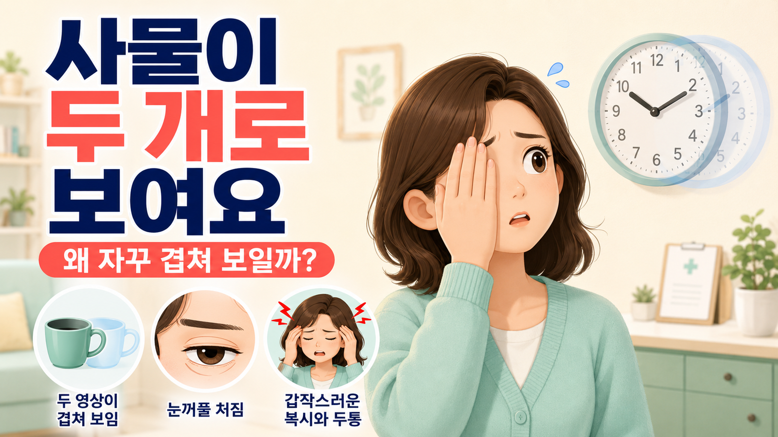 사물이 두 개로 보여 한쪽 눈을 가린 여성과 두 영상 겹침, 눈꺼풀 처짐, 갑작스러운 복시·두통을 보여주는 이미지