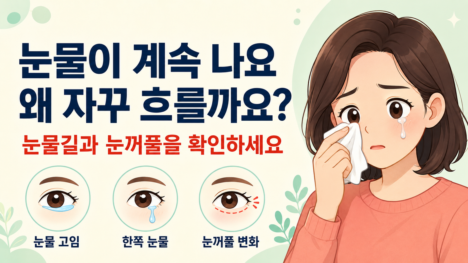 눈물이 계속 흘러 휴지로 닦는 여성과 눈물 고임, 한쪽 눈물, 눈꺼풀 변화를 설명한 이미지