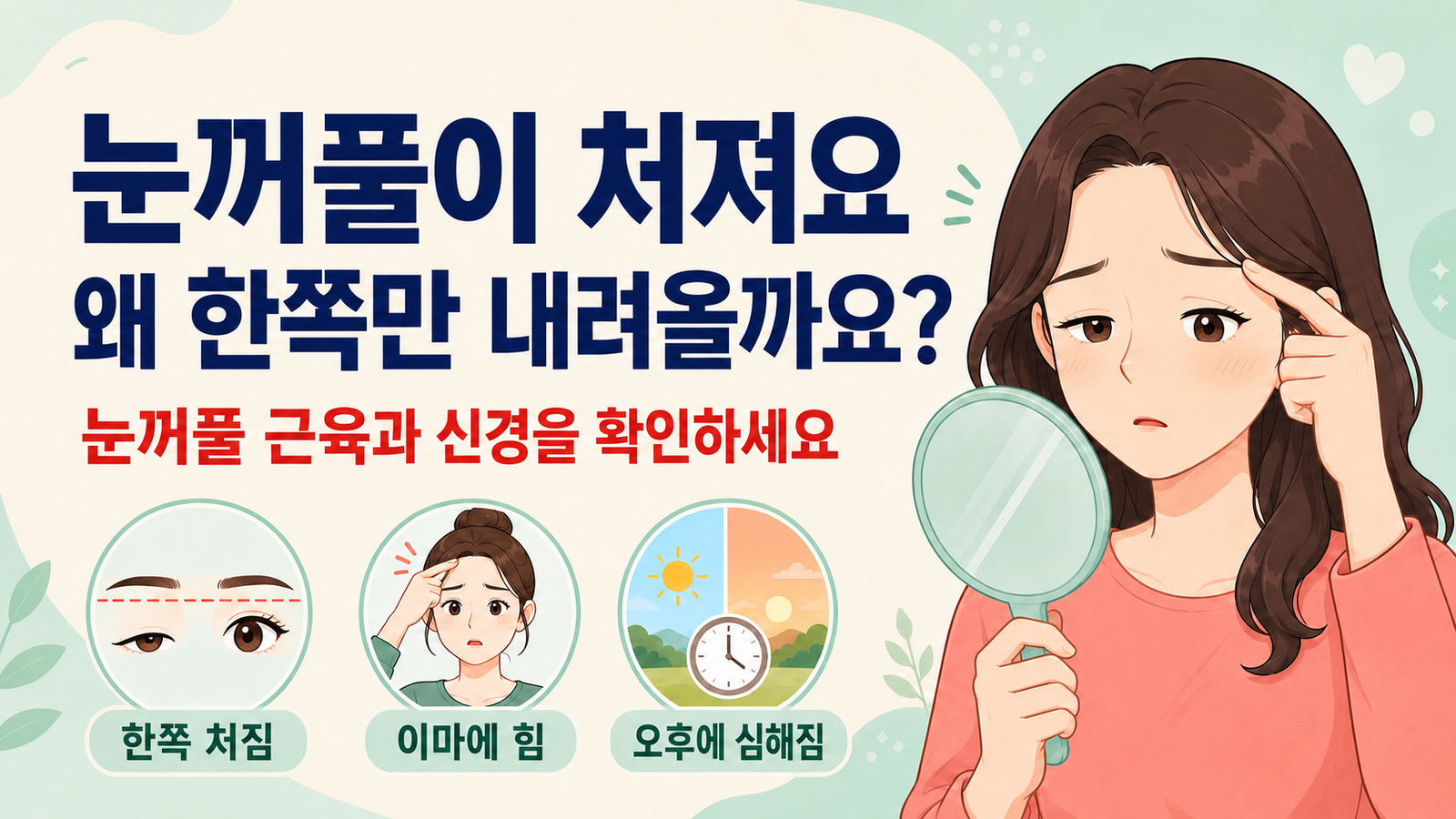 한쪽 윗눈꺼풀이 처져 거울로 눈꺼풀 높이를 확인하는 여성과 이마에 힘을 주거나 오후에 심해지는 증상을 설명한 이미지