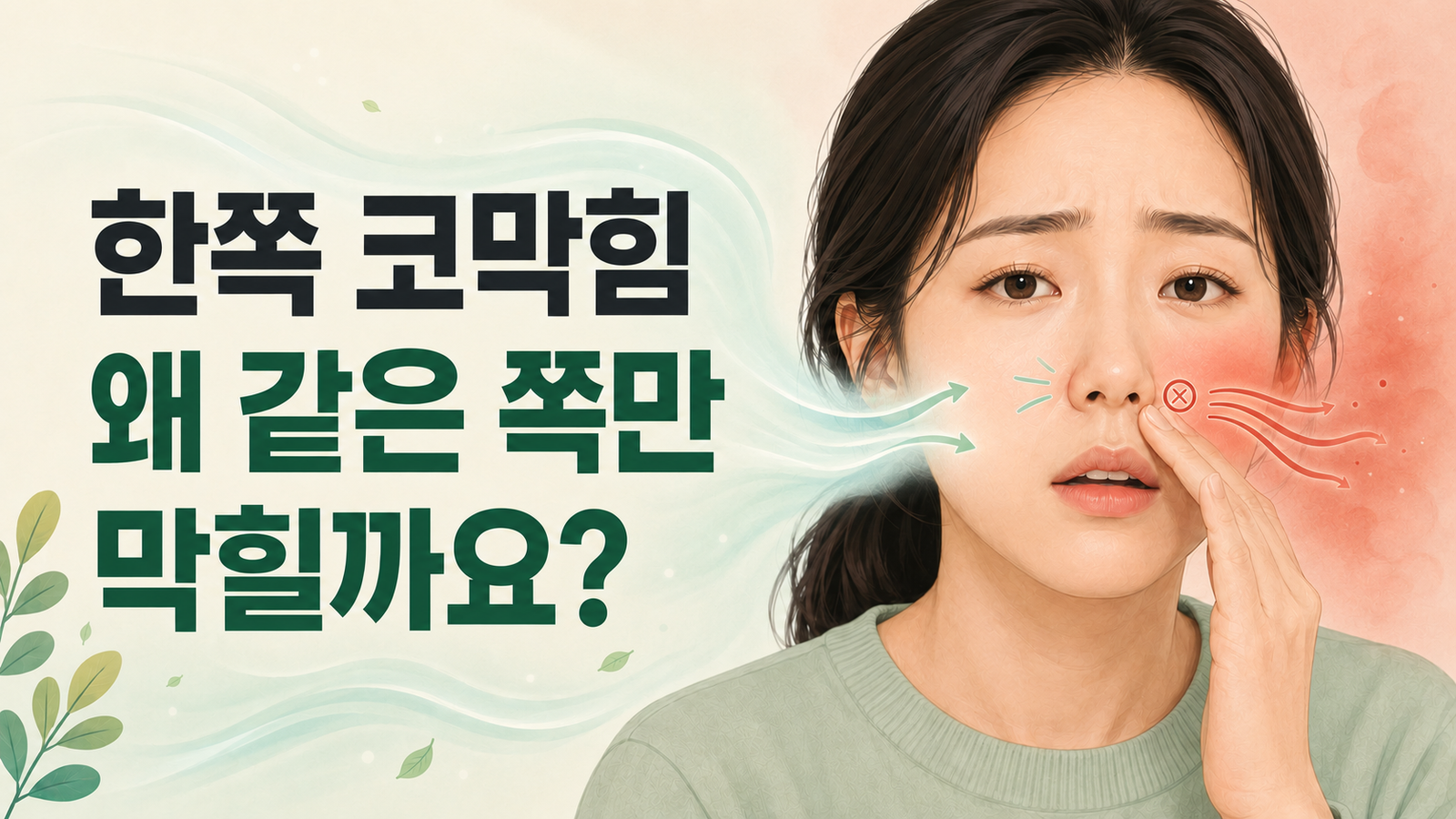 한쪽 코막힘으로 코를 감싸고 입으로 숨 쉬는 여성