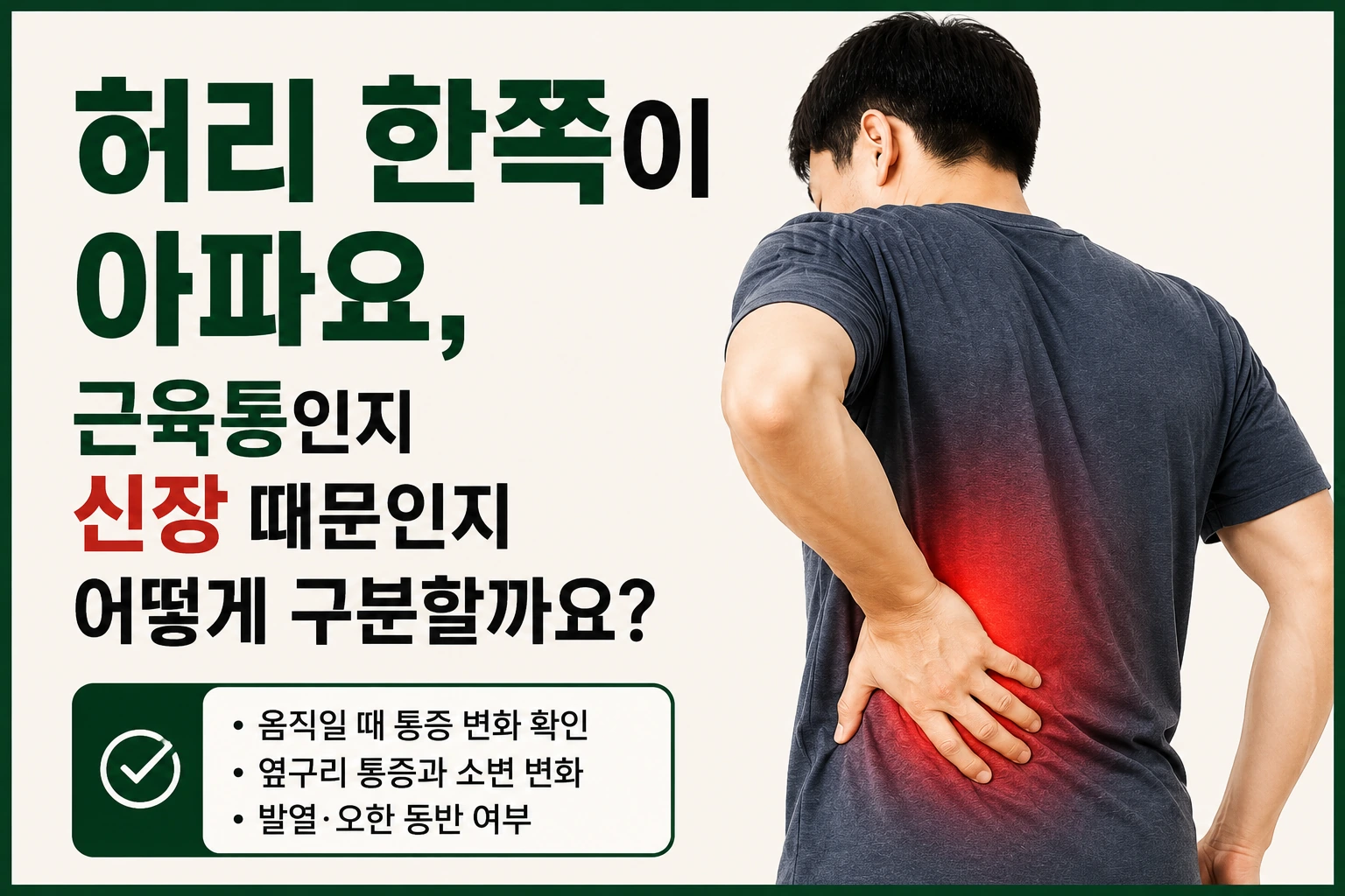 허리 한쪽이 아픈 남성과 근육통인지 신장 문제인지 구분하는 핵심 기준을 간단히 보여주는 대표이미지