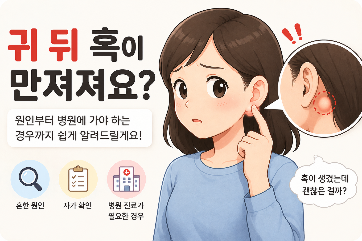 귀 뒤 혹이 만져져 원인을 걱정하는 사람의 모습