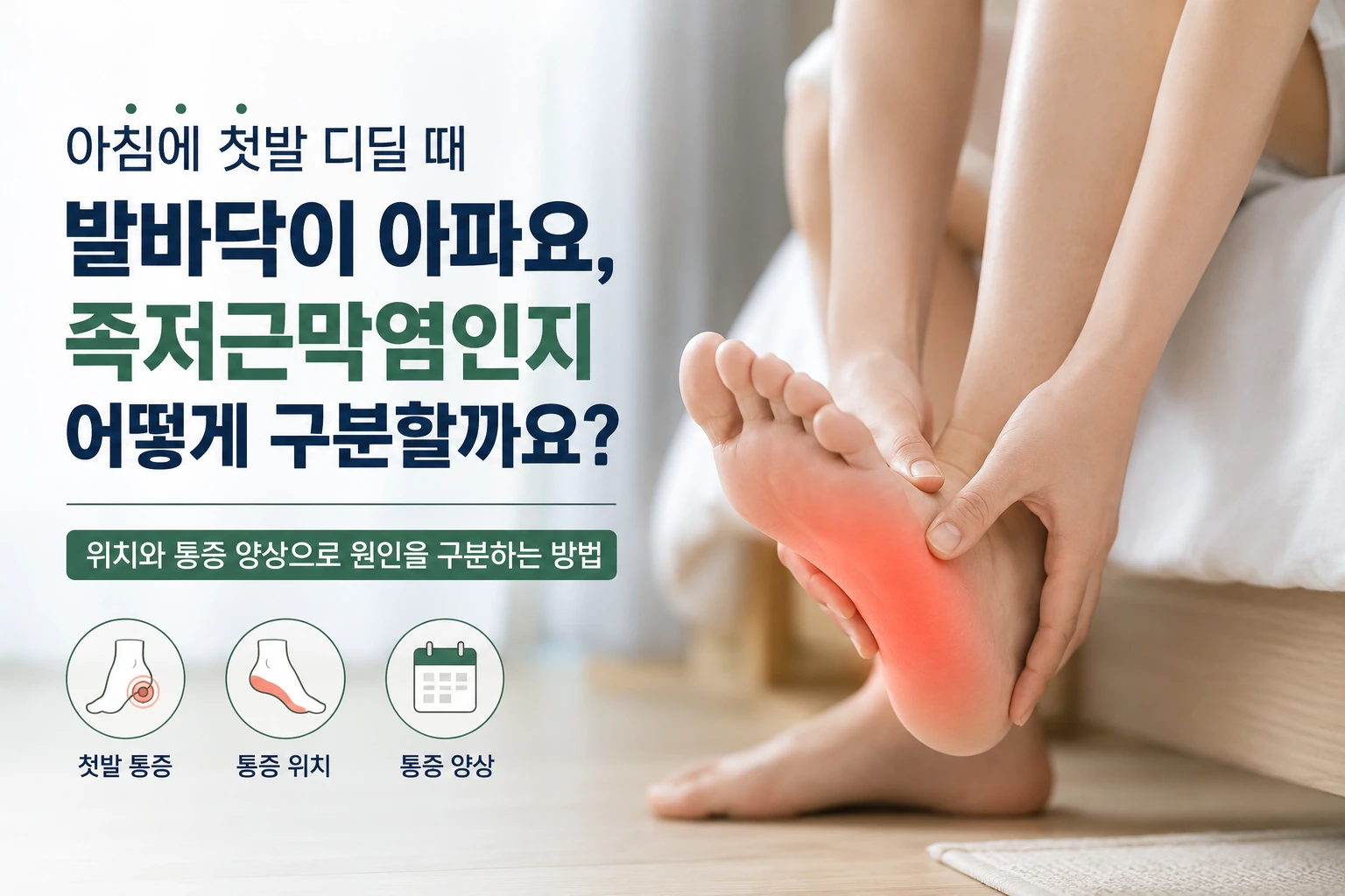 아침에 첫발을 디딜 때 발바닥과 발뒤꿈치 통증을 느끼는 사람과 족저근막염인지 구분하는 핵심 문구를 보여주는 대표이미지