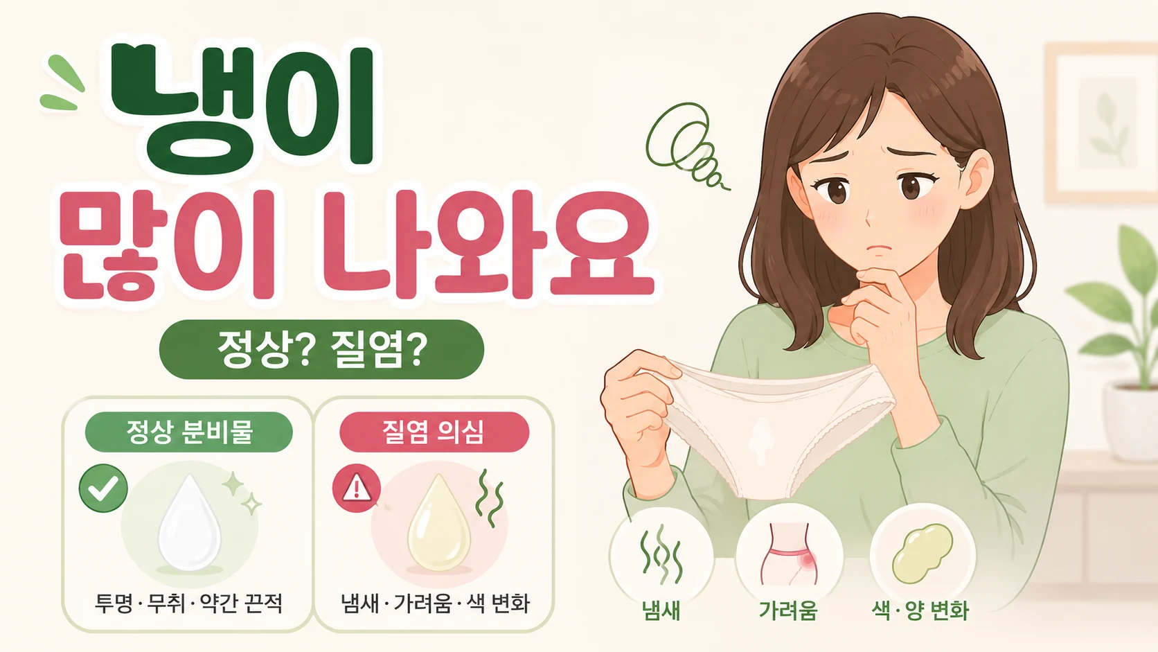 냉이 많이 나와 걱정하는 여성과 정상 분비물·질염 의심 특징을 비교한 대표이미지