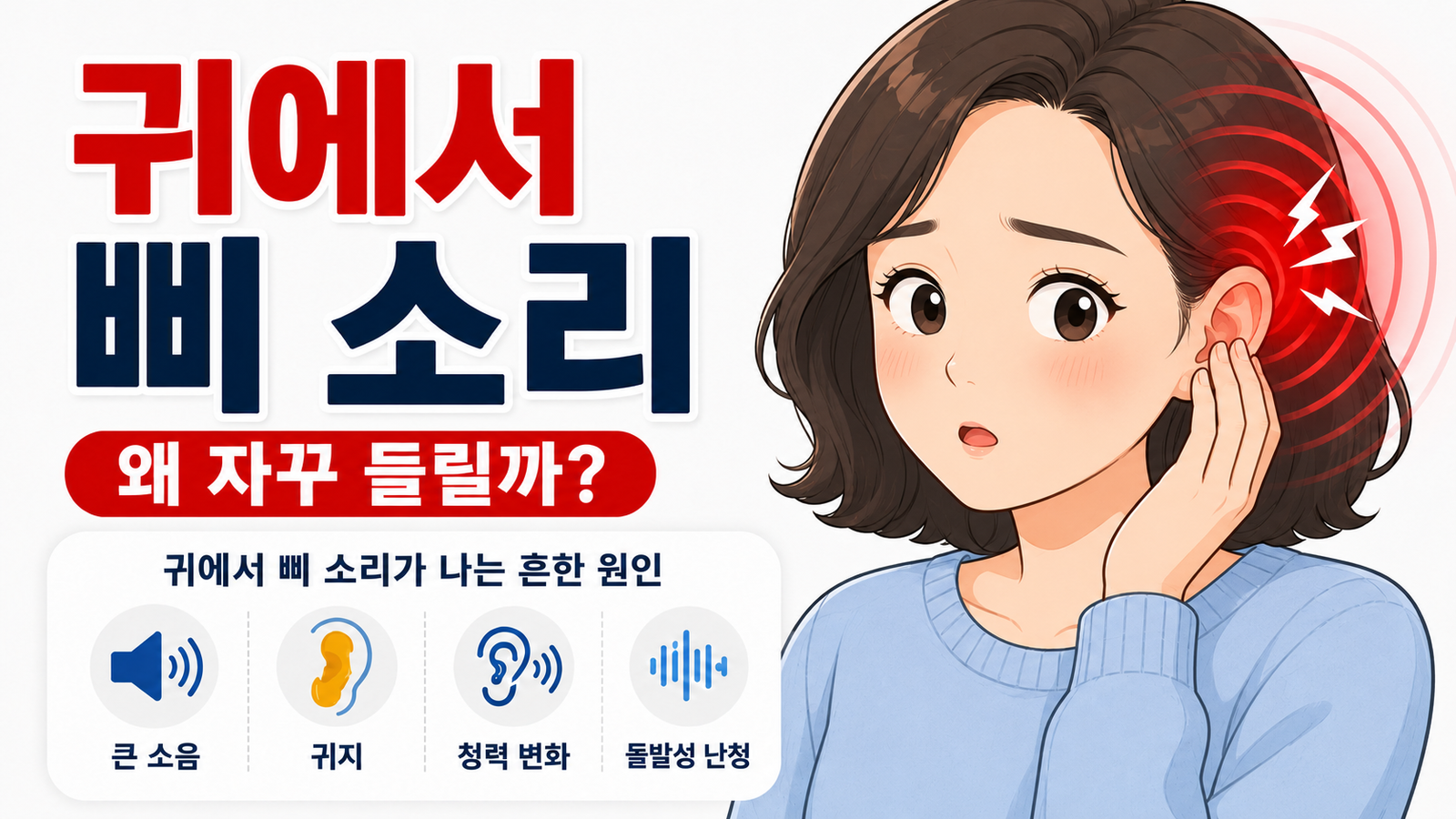 귀에서 삐 소리가 나서 한쪽 귀를 만지는 여성 캐릭터