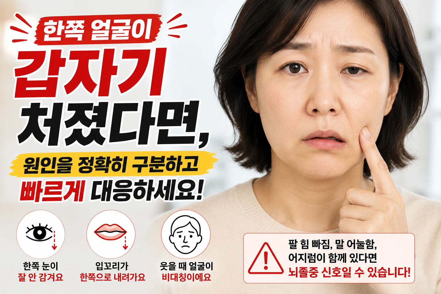 한쪽 눈과 입꼬리가 처져 얼굴 비대칭이 나타난 여성이 원인을 확인해야 하는 상황을 보여주는 대표이미지