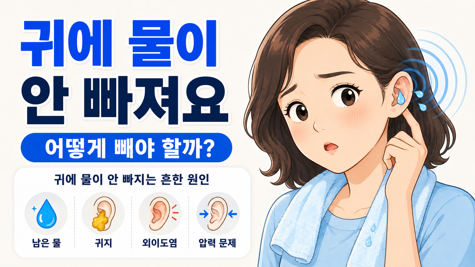 귀에 물이 빠지지 않아 한쪽 귀를 확인하는 여성 캐릭터