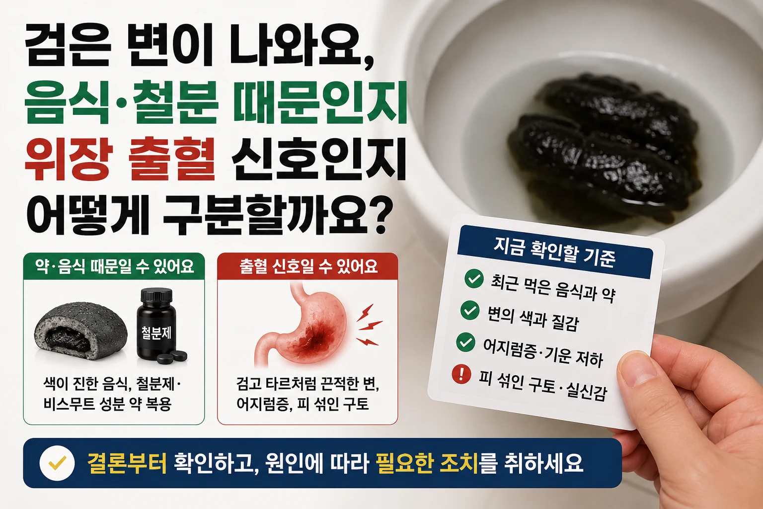 검은 변이 음식이나 철분 때문인지 위장 출혈 신호인지 구분하는 방법을 안내하는 대표이미지