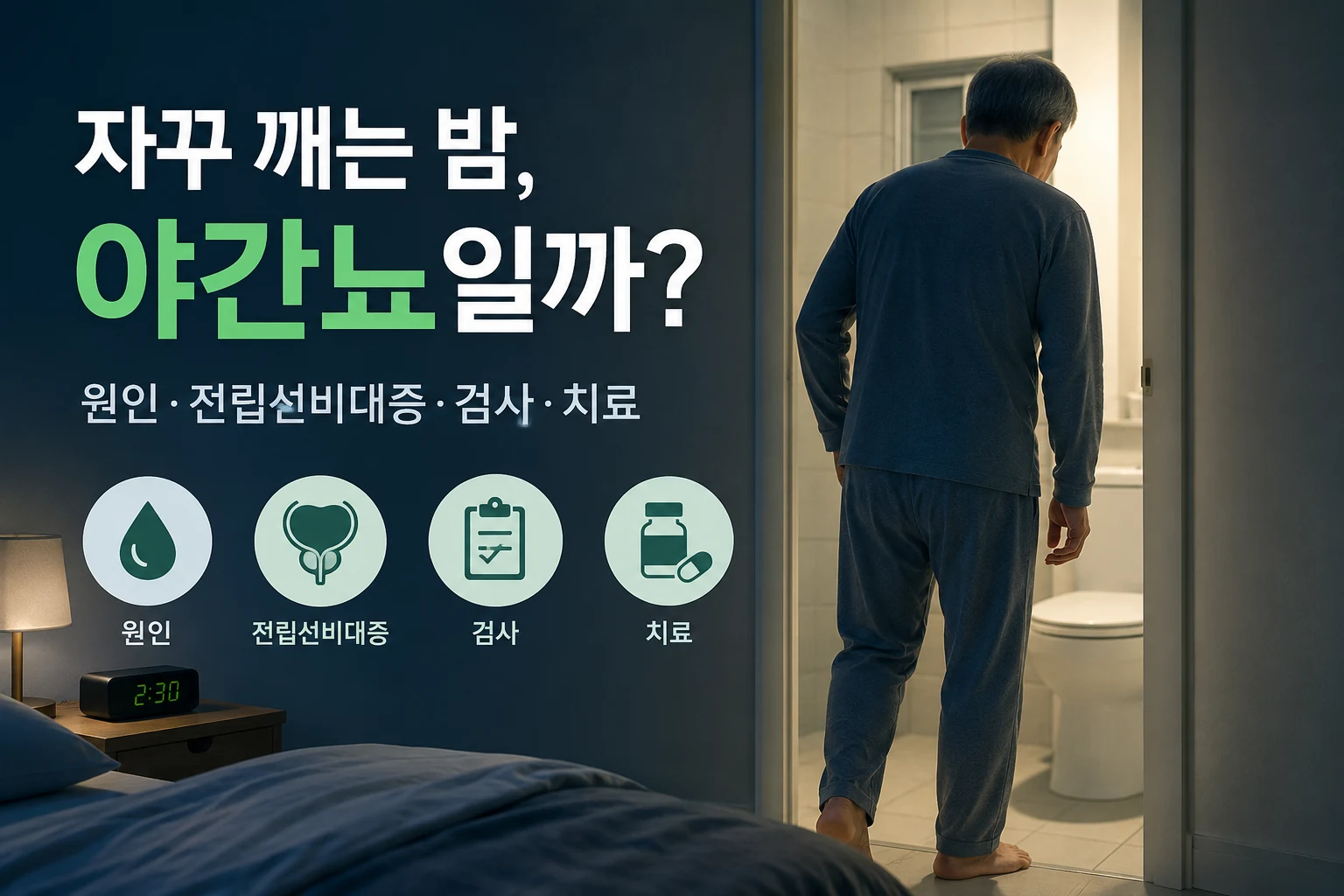 새벽에 소변 때문에 잠에서 깨 화장실로 가는 중년 남성과 소변량·낮 증상 확인 문구가 표시된 대표이미지