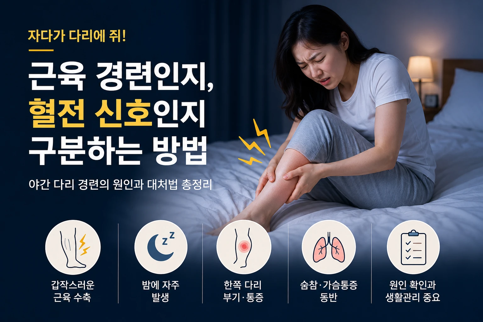 밤에 자다가 종아리에 쥐가 나 침대에서 다리를 붙잡고 통증을 느끼는 여성