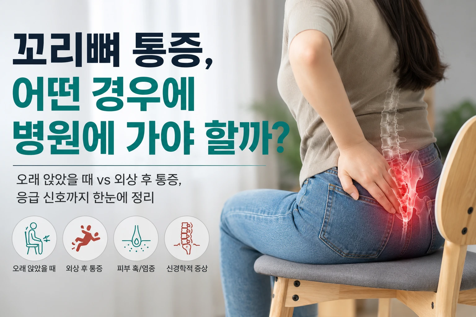 의자에 앉아 꼬리뼈 부위를 짚으며 통증을 느끼는 여성 · 캡션: 앉을 때 생기는 꼬리뼈 통증과 확인이 필요한 신호 안내