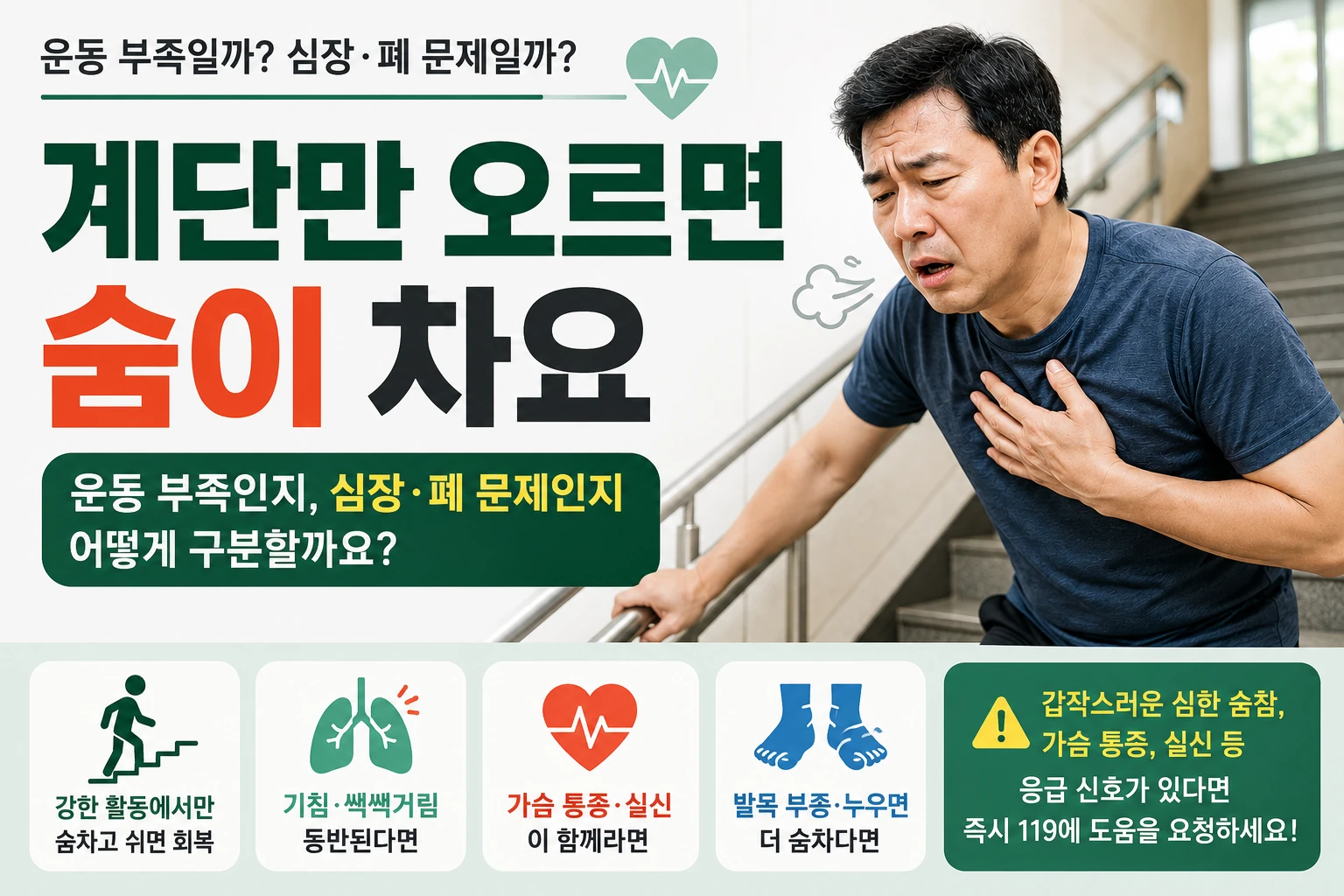 계단을 오르다 난간을 잡고 숨을 고르는 남성과 운동 부족인지 심장·폐 상태를 확인해야 하는지 안내하는 대표이미지
