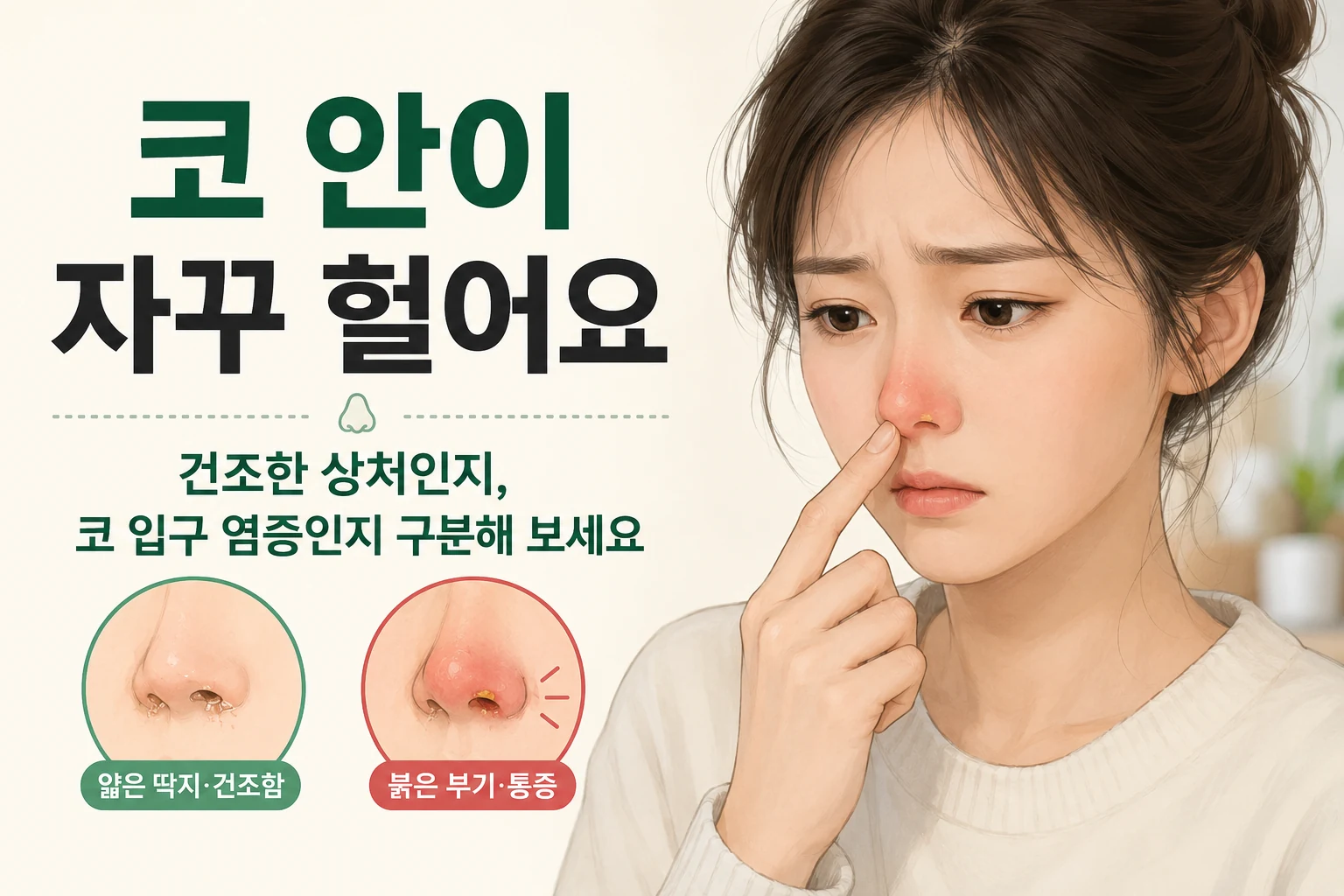 코 안이 자꾸 헐 때 얇은 딱지와 건조함, 붉은 부기와 통증을 비교해 보여주는 대표이미지