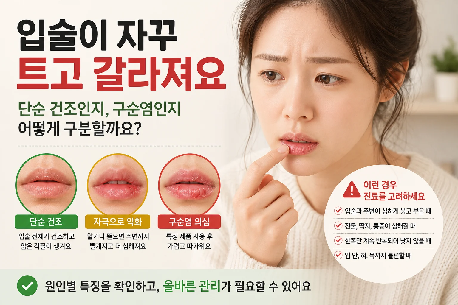 입술이 자꾸 트고 갈라지는 단순 건조와 구순염 차이를 설명하는 대표이미지 · 캡션: 단순 건조인지 구순염인지 입술 상태를 확인해보세요