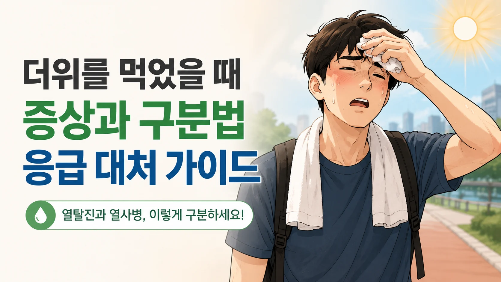 더운 야외에서 수건으로 이마를 닦는 남자 캐릭터와 함께 더위를 먹었을 때 증상 구분과 응급 대처를 안내하는 대표이미지