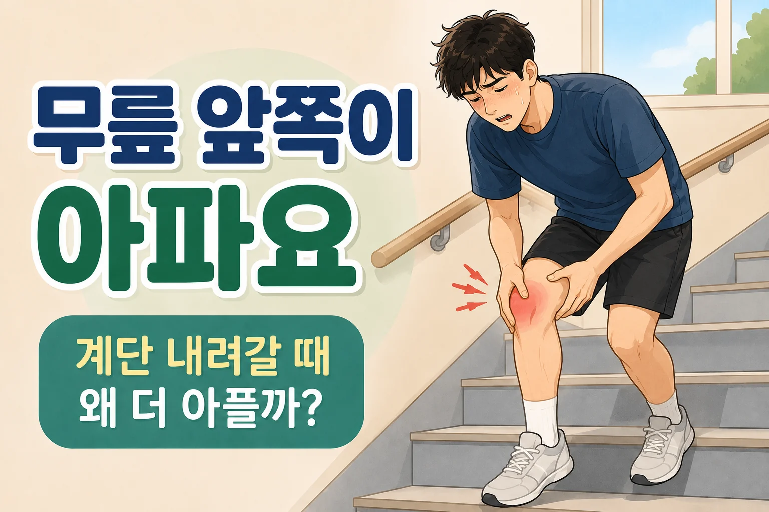 계단을 내려가다가 무릎 앞쪽 통증으로 멈춘 BodyHint 대표 남자 캐릭터 이미지