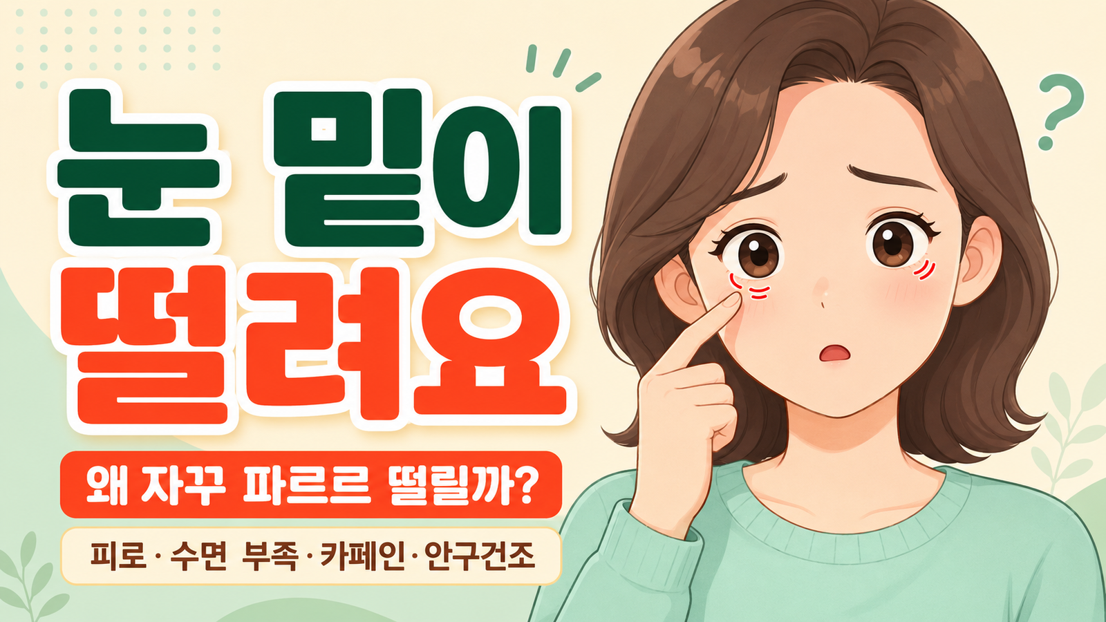눈 밑이 떨려 아래 눈꺼풀을 가리키며 걱정하는 귀여운 캐릭터