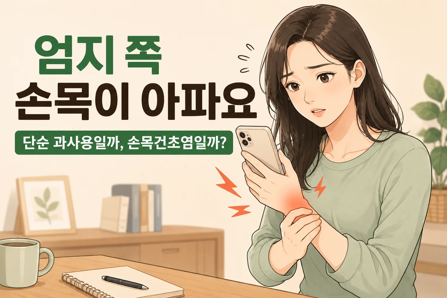 휴대전화를 사용하다 엄지 쪽 손목 통증을 느끼는 BodyHint 대표 여자 캐릭터 이미지
