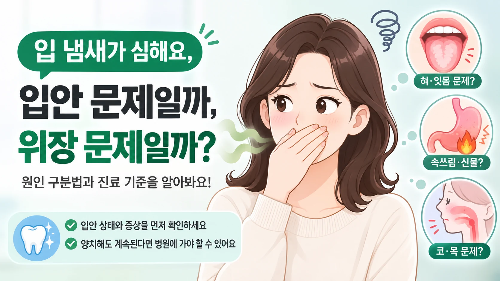 입 냄새가 심해 걱정하는 BodyHint 대표 여성 캐릭터와 혀·잇몸 문제, 속쓰림·신물, 코·목 문제 등 입 냄새 원인을 보여주는 대표이미지