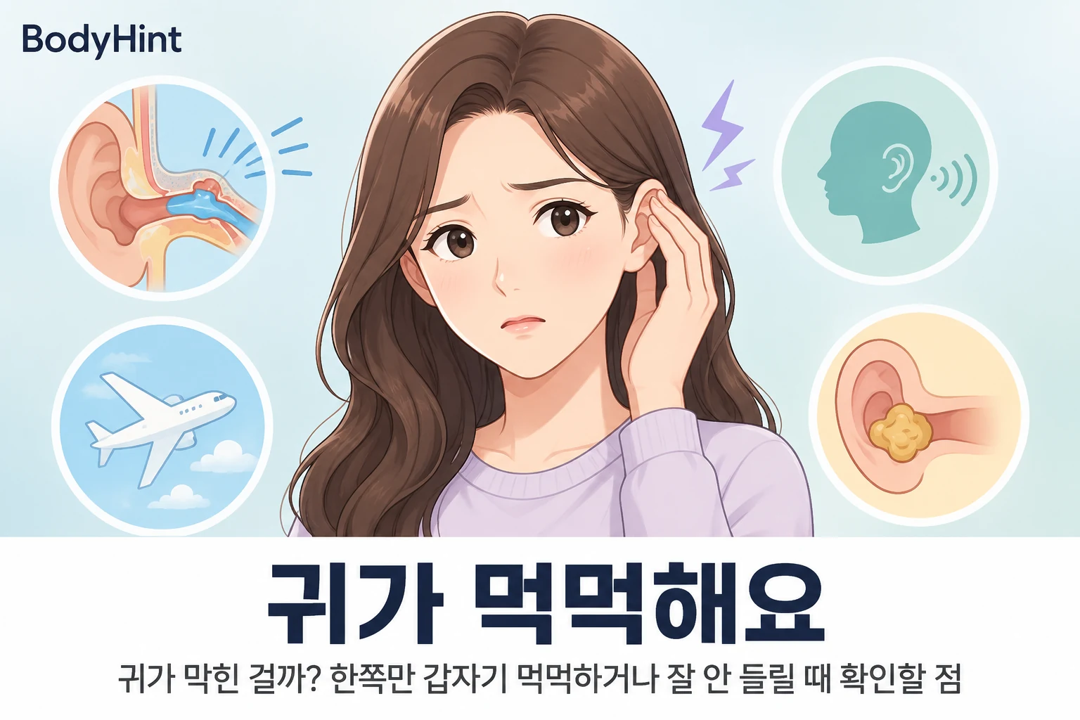 한쪽 귀가 먹먹해 귀를 만지는 대표캐릭터와 귀 압력 변화, 비행기, 청력 변화, 귀지 막힘을 함께 보여주는 대표이미지
