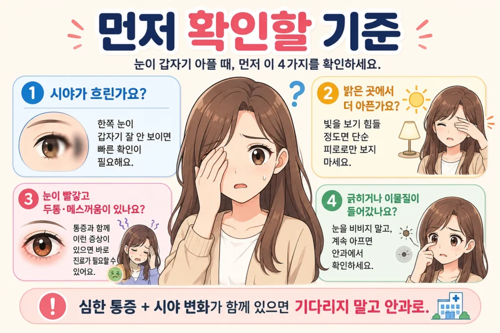 눈이 갑자기 아플 때 시야 흐림, 빛에 대한 통증, 충혈과 두통·메스꺼움, 이물질 여부를 확인하는 인포그래픽