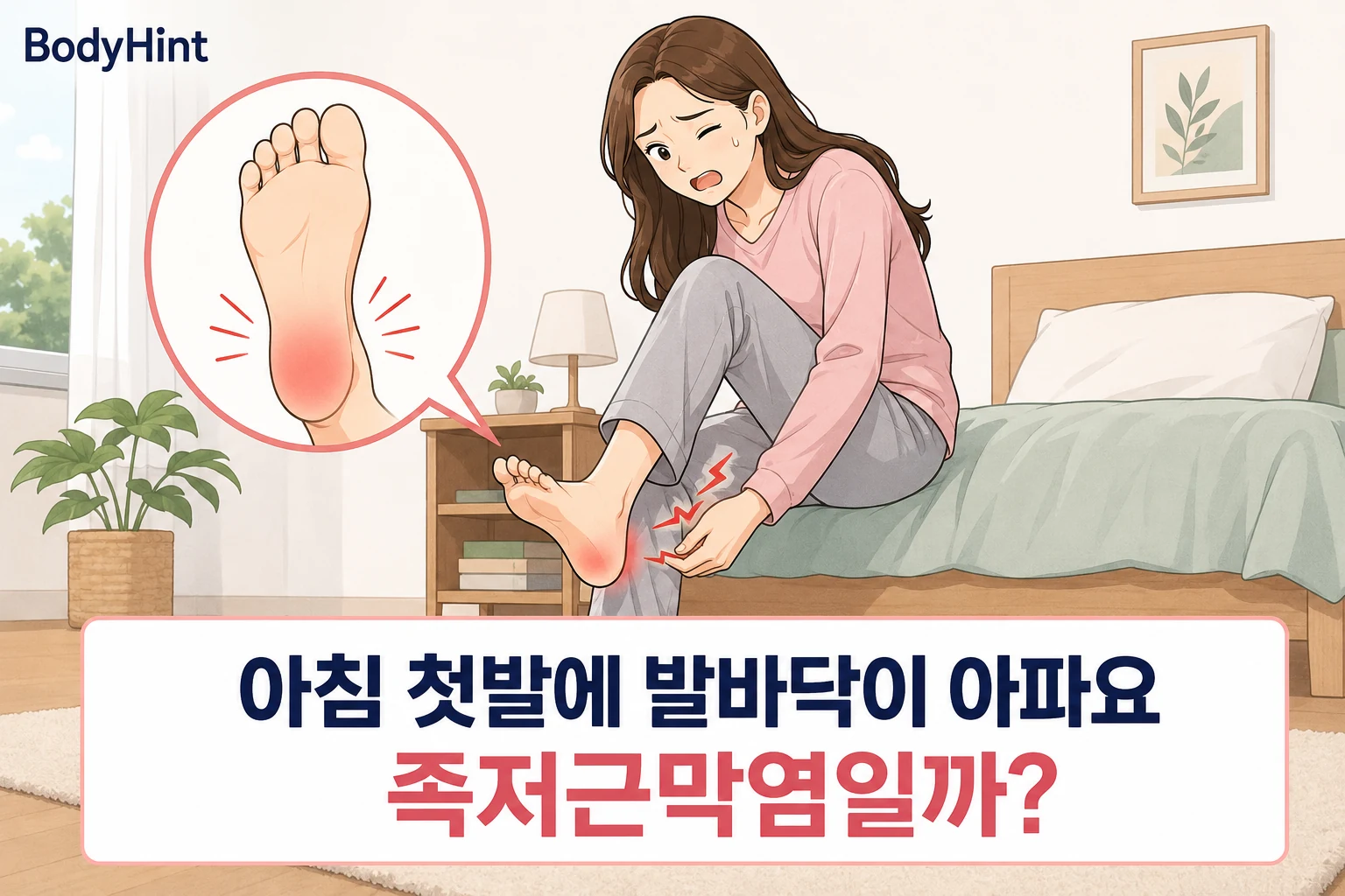 아침 첫발을 디딜 때 발뒤꿈치와 발바닥 통증을 느끼는 긴 갈색 머리 여성 대표캐릭터와 통증 부위를 확대한 이미지