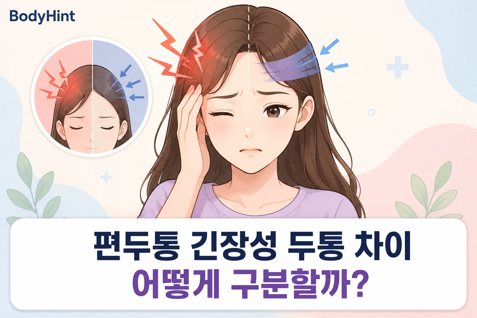 긴 갈색 머리 여성 대표캐릭터가 한쪽 머리를 짚고 있는 모습과 함께 편두통의 욱신거림과 긴장형 두통의 조이는 느낌을 비교해 보여주는 편두통 긴장성 두통 차이 대표이미지