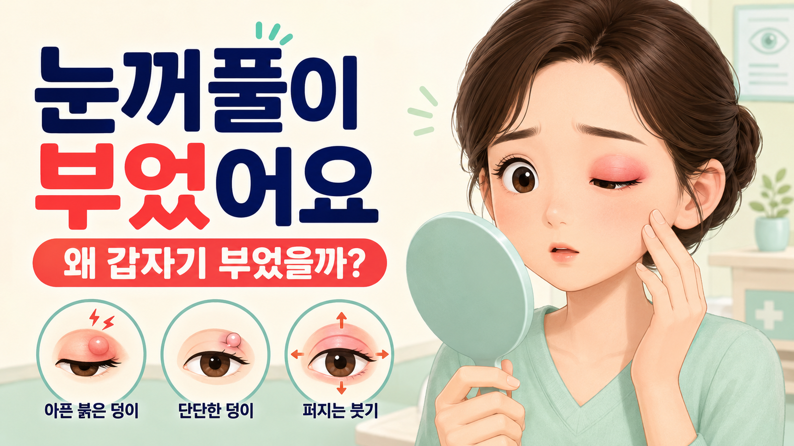 눈꺼풀이 부어 거울로 확인하는 여성과 눈꺼풀 붓기 증상을 설명한 일러스트