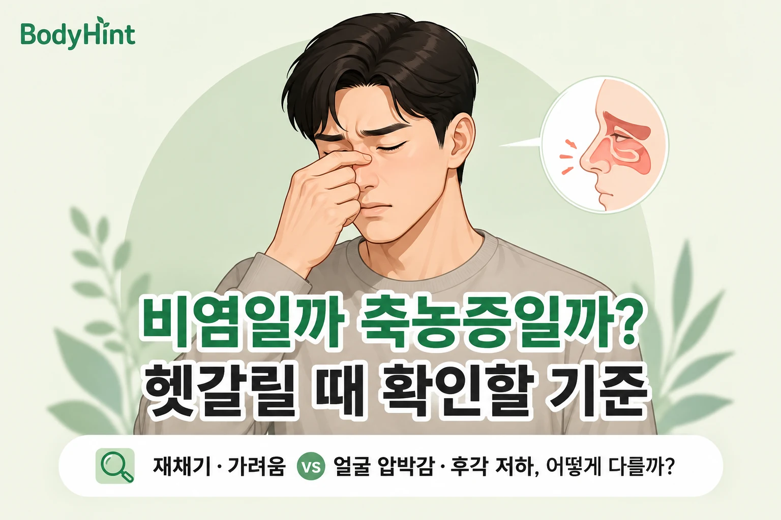 비염과 축농증 차이를 설명하는 대표이미지로, 코를 짚고 불편해하는 남성과 코·부비동 확대 그림이 함께 보입니다.