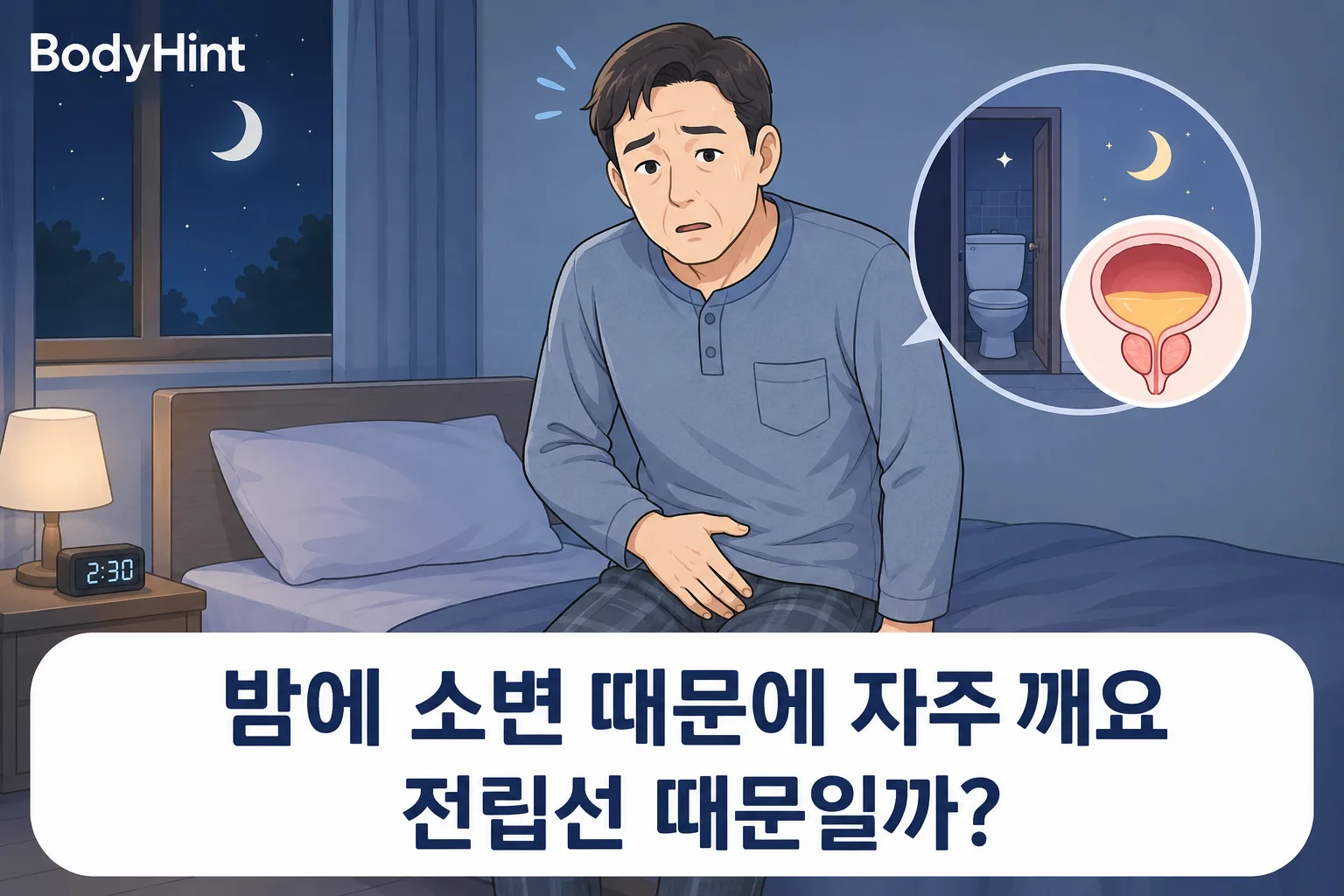 밤에 소변 때문에 잠에서 깨어 화장실을 찾는 중년 남성과 방광·전립선 그림을 함께 보여주는 대표이미지