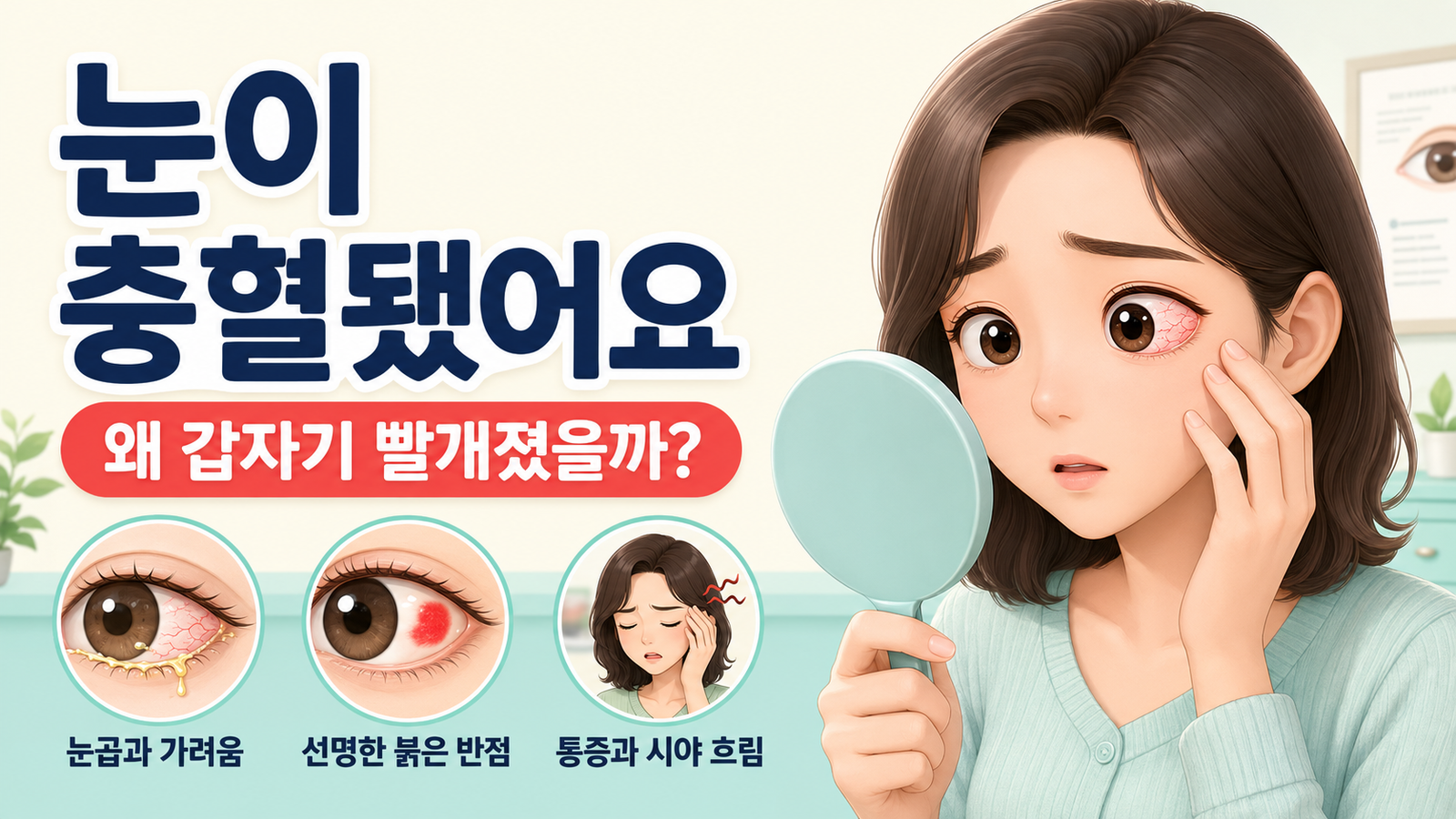 한쪽 눈이 충혈돼 거울로 확인하는 여성과 눈곱·가려움, 붉은 반점, 통증·시야 흐림 증상을 정리한 이미지
