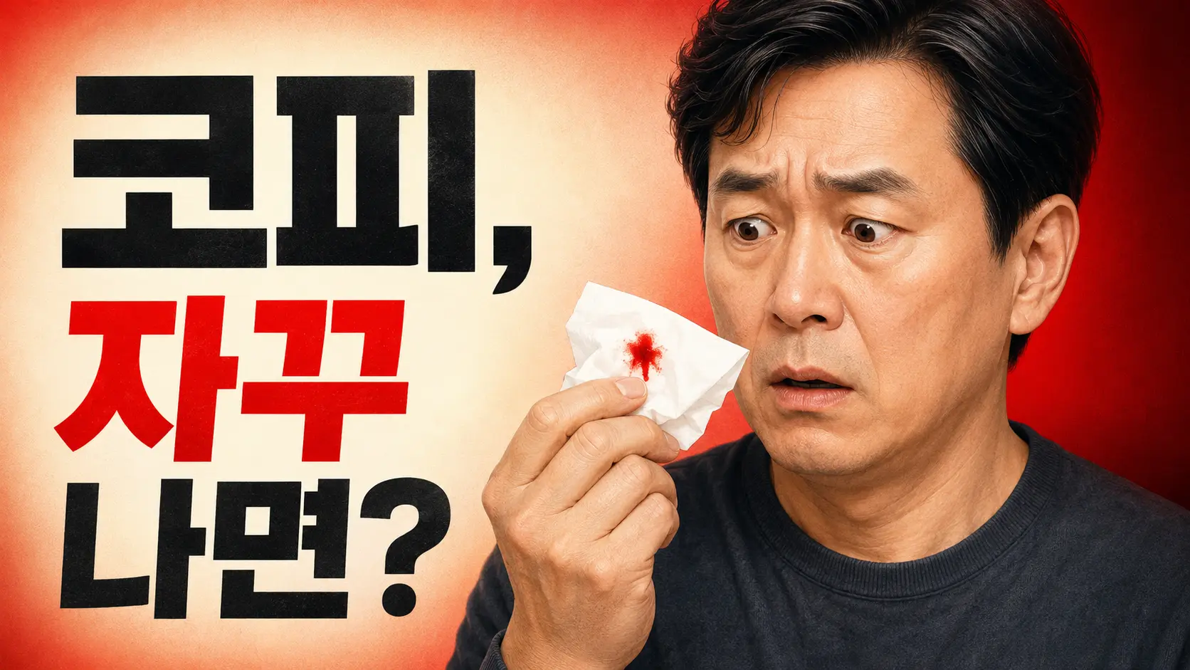 반복되는 코피 때문에 걱정스러운 표정으로 피 묻은 휴지를 들고 있는 사람