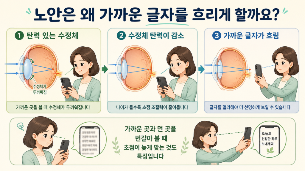 나이가 들면서 수정체의 탄력이 줄어 가까운 글자에 초점을 맞추기 어려워지고 글자를 멀리해야 선명해지는 과정을 설명한 일러스트