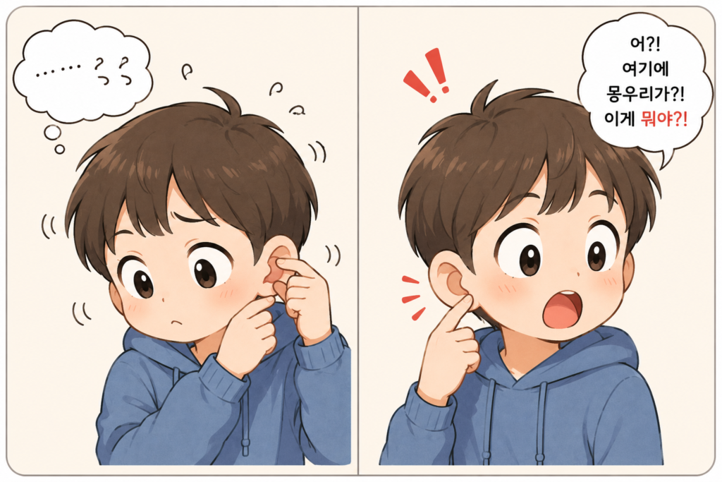 귀 아래를 만지며 몽우리를 발견하고 놀라는 캐릭터