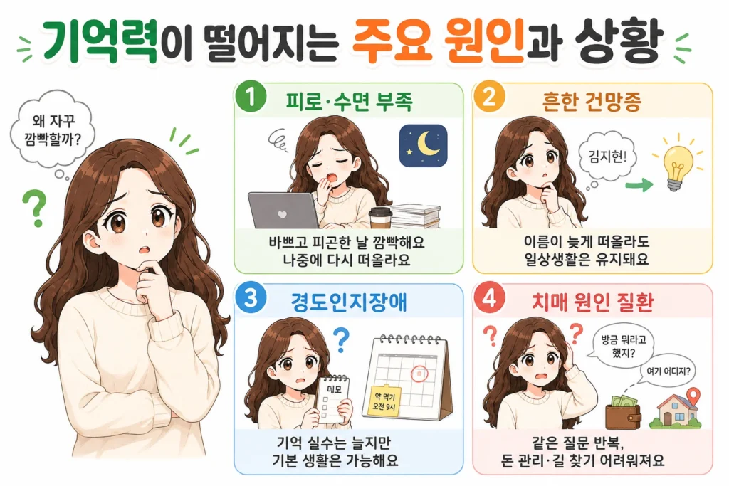 기억력이 떨어지는 주요 원인과 상황을 긴 갈색 머리 여성 대표캐릭터와 함께 피로·수면 부족, 흔한 건망증, 경도인지장애, 치매 원인 질환으로 나눠 간단하고 보기 쉽게 보여주는 인포그래픽