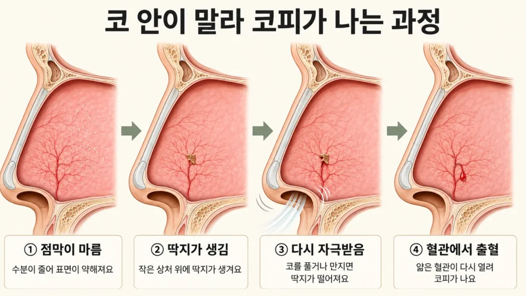 비중격 앞쪽 점막이 마르고 딱지가 생긴 뒤, 다시 자극받아 출혈하는 과정을 순서대로 보여주는 가로형 이미지