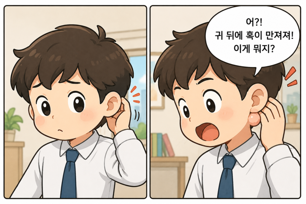 귀 뒤 혹을 발견하고 놀라는 모습을 표현한 2컷 만화 일러스트