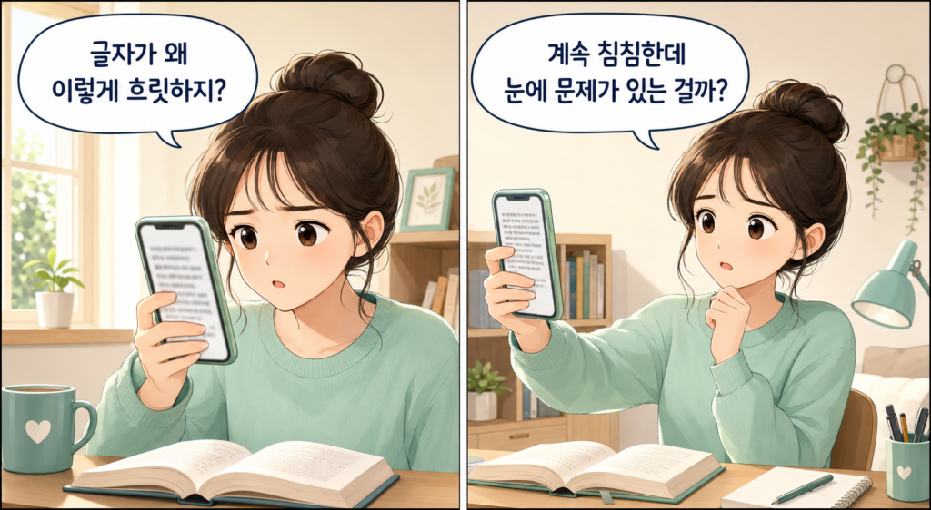 가까운 글자와 멀리 있는 사물이 흐릿하게 보여 눈을 깜빡이며 확인하고 증상이 계속될까 걱정하는 일반인의 2컷 만화