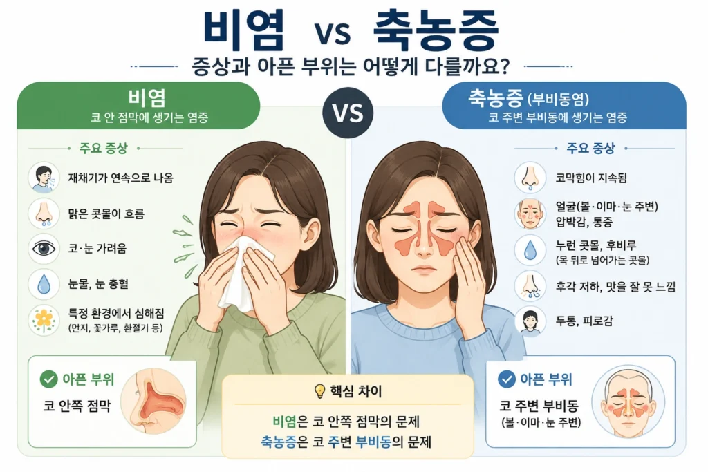 재채기·맑은 콧물·코와 눈의 가려움이 중심인 비염과, 얼굴 압박감·지속되는 코막힘·후각 저하가 나타나는 축농증의 증상과 아픈 부위를 비교한 이미지
