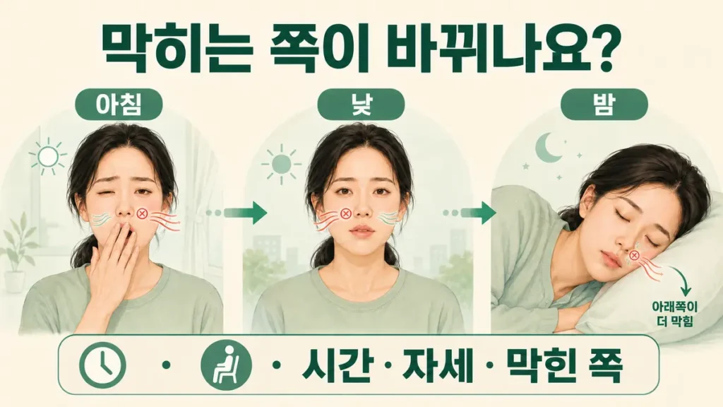 아침·낮·밤의 시간, 누운 방향, 막힌 콧구멍을 기록하는 간단한 코막힘 기록표