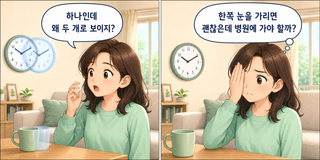 하나의 사물이 두 개로 겹쳐 보여 한쪽 눈을 번갈아 가리며 확인하고 증상이 계속될까 걱정하는 일반인의 2컷 만화