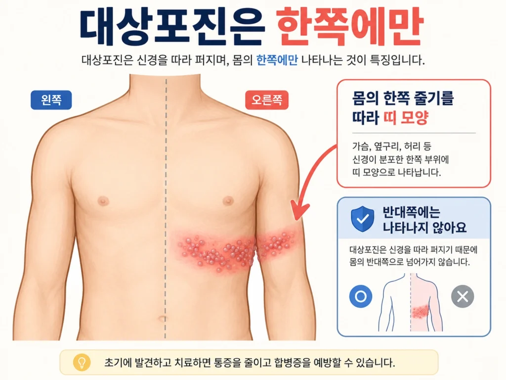 몸의 중앙선을 넘지 않고 왼쪽이나 오른쪽 한쪽에만 띠 모양 물집이 나타나는 대상포진의 특징을 설명한 이미지