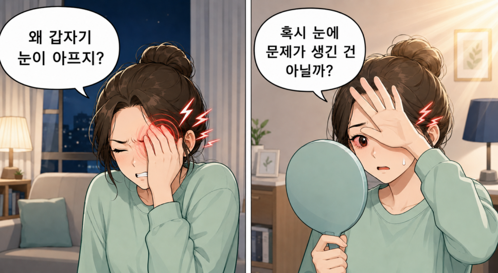 1컷에서는 갑자기 눈이 아파 “왜 갑자기 눈이 아프지?”라고 말하고, 2컷에서는 통증과 충혈이 계속되어 “혹시 눈에 문제가 생긴 건 아닐까?”라고 걱정하는 일반인의 2컷 만화