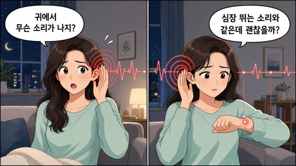 1컷에서는 조용한 방에서 한쪽 귀에 쿵쿵거리는 소리가 들려 “귀에서 무슨 소리가 나지?”라고 말하고, 2컷에서는 손목 맥박과 귀의 소리를 비교하며 “심장 뛰는 소리와 같은데 괜찮을까?”라고 걱정하는 일반인의 가로형 2컷 만화