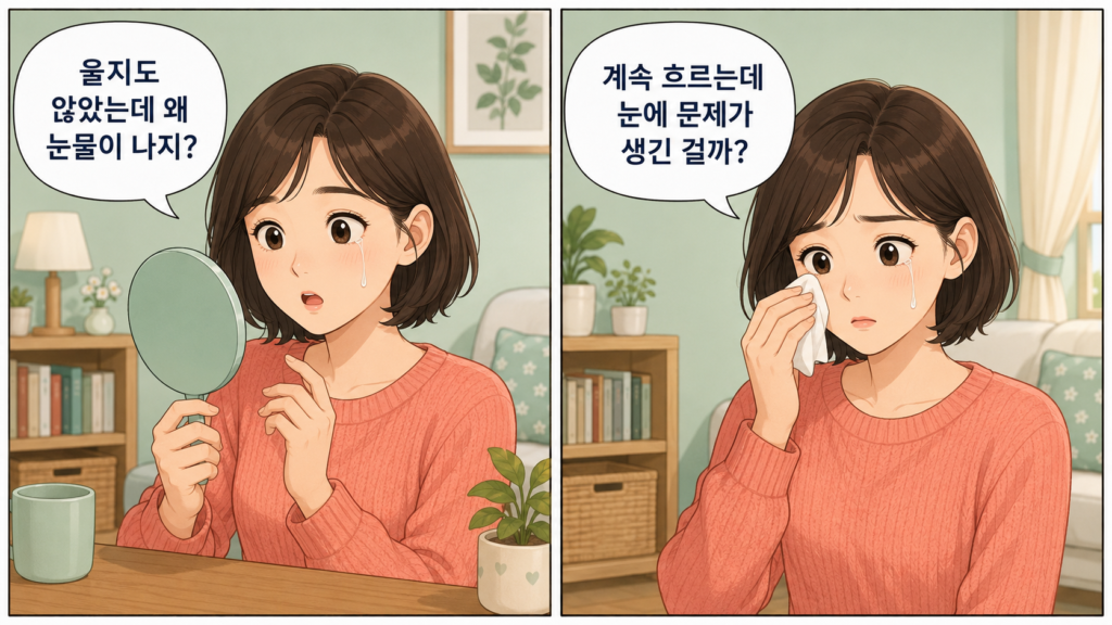 같은 캐릭터가 등장하는 가로형 2컷 만화. 1컷 대사 “울지도 않았는데 왜 눈물이 나지?” 2컷 대사 “계속 흐르는데 눈에 문제가 생긴 걸까?